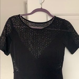Black fit and flare lace appliqué dress